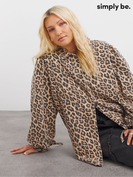 Simply Be Brown Leopard Print Blouson Sleeves 100% Cotton Blouse (AY3183) | ₪201