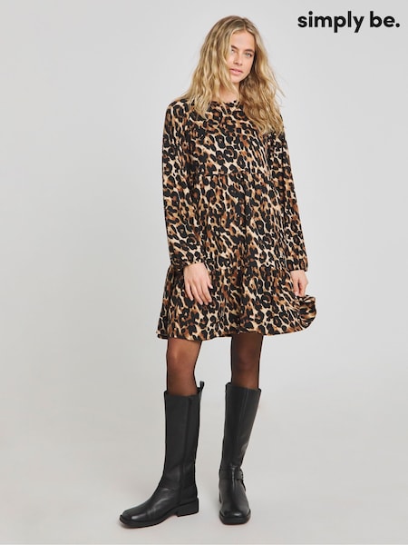 Simply Be Leopard Print Supersoft Tiered Smock Dress (AY3193) | ‏146‏₪