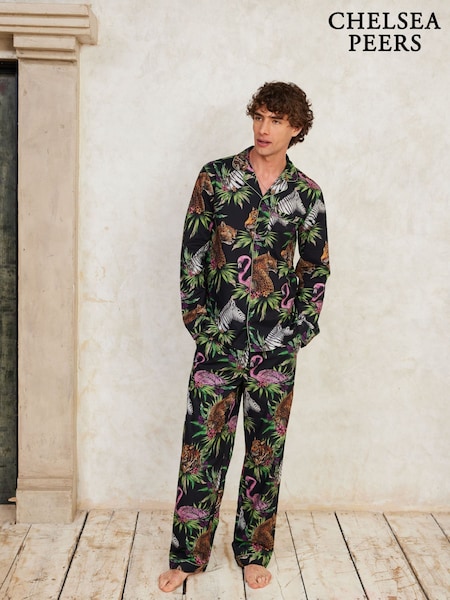 Chelsea Peers Black 100% Organic Cotton Wild Nights Print Long Pyjamas Set (AY3258) | ₪352