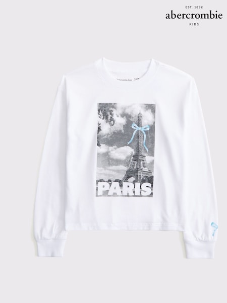 Alb - Tricou grafic cu mânecă lungă Abercrombie & Fitch (AY3261) | 104 LEI