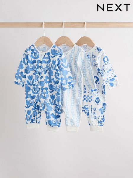 Blue 100% Cotton Two Way Zip Baby Footless Sleepsuits 3 Pack (0mths-3yrs) (AY3312) | kr317 - kr351