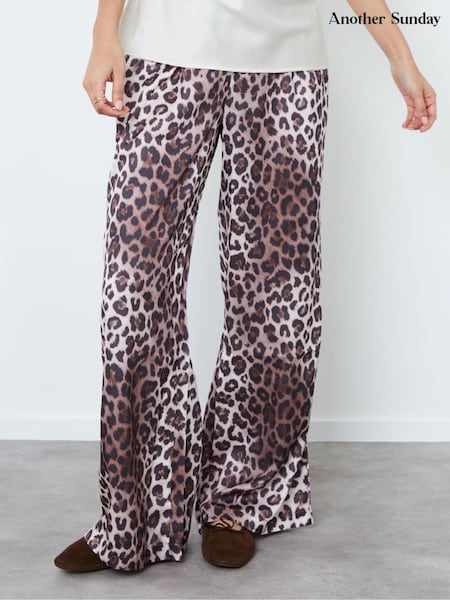 Another Sunday Cream Leopard Print Wide Leg Satin Trousers (AY3317) | ₪201