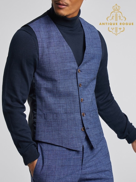 Antique Rogue Blue Check Linen Waistcoat (AY3368) | €85