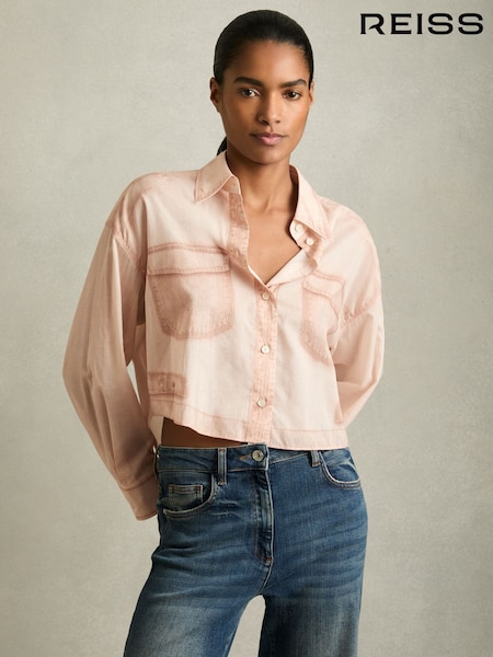 Reiss Pale Pink Darcy Cotton Denim-Print Cropped Shirt (AY3378) | €249