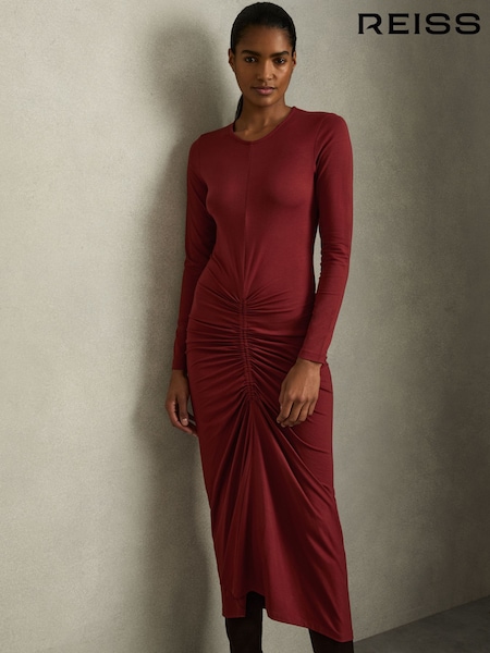Reiss Burgundy Ginny Ruched Jersey Midi Dress (AY3382) | €213