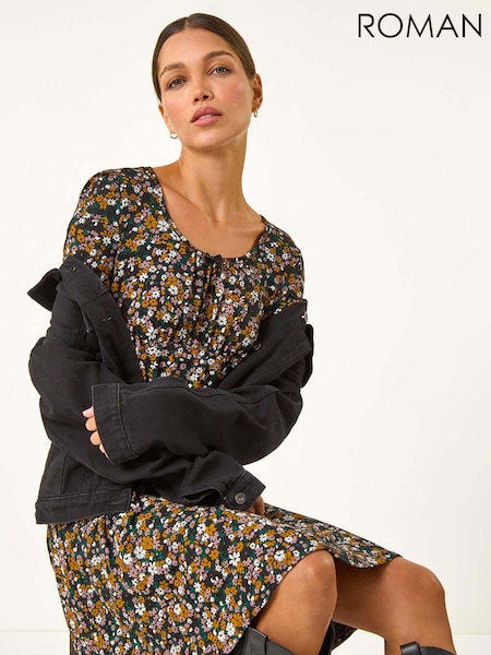 Roman Yellow Floral Print Bow Detail Stretch Dress (AY3403) | €59