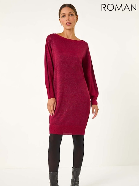Punainen - Roman Shimmer Slash Neck Jumper Dress (AY3405) | €71