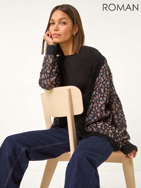 Roman Black Mosaic Print Fluffy Longline Cardigan (AY3409) | €51