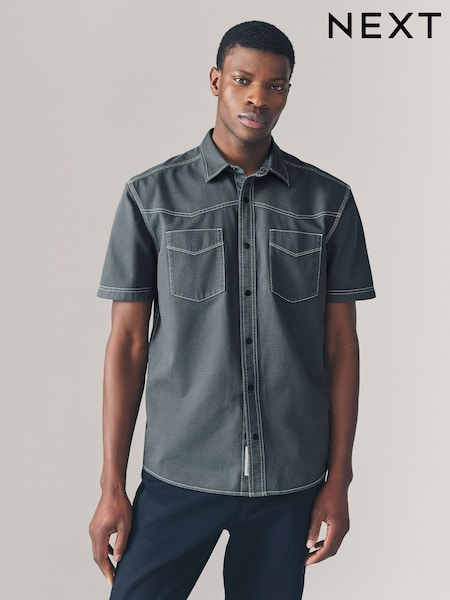 Charcoal Grey Twin Pocket Contrast Stitch Short Sleeve 100% Cotton Shirt (AY3422) | €40