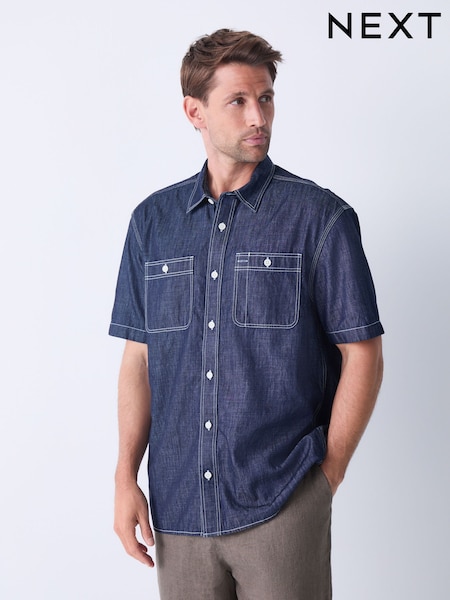 Rinse Blue Chambray Denim Short Sleeve 100% Cotton Shirt (AY3425) | €37