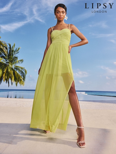 Lipsy Lime Green Embellished Pearl Strap Ruched Mesh Maxi Dress (AY3457) | R$ 950
