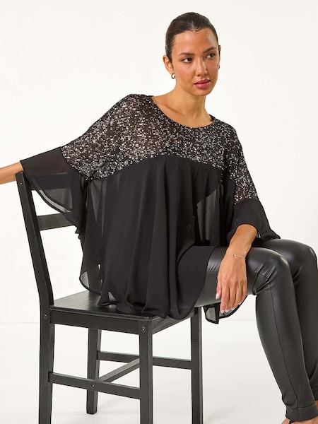 Negru - Roman Paiete Yoke Frilled Tunică Top (AY3459) | 335 LEI