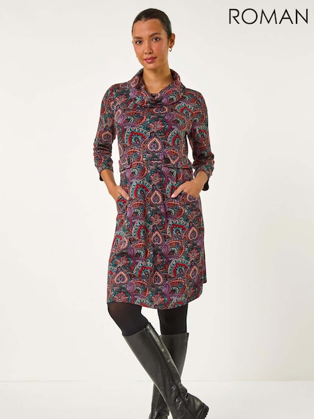 Roman Red Abstract Cowl Tab Detail Dress (AY3468) | €58