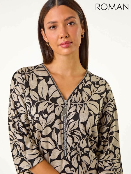 Roman Natural Leaf Print Front Zip Stretch Top (AY3474) | 217 QAR