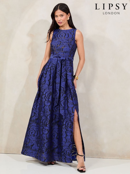 Lipsy Cobalt Blue Premium Textured Belted Prom Maxi Dress (AY3491) | 767 QAR