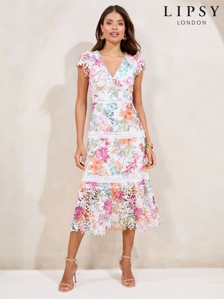 Alb cu floricele - Lipsy Premium Broderie Lace Short Sleeve V-Neck High Low Midi Dress (AY3494) | 1,236 LEI