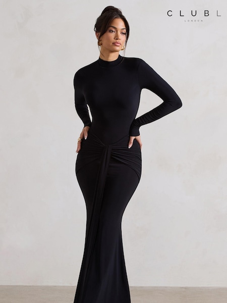 Club L London Black Pietra High Neck Long Sleeve Knot Maxi Dress (AY3510) | R$ 840