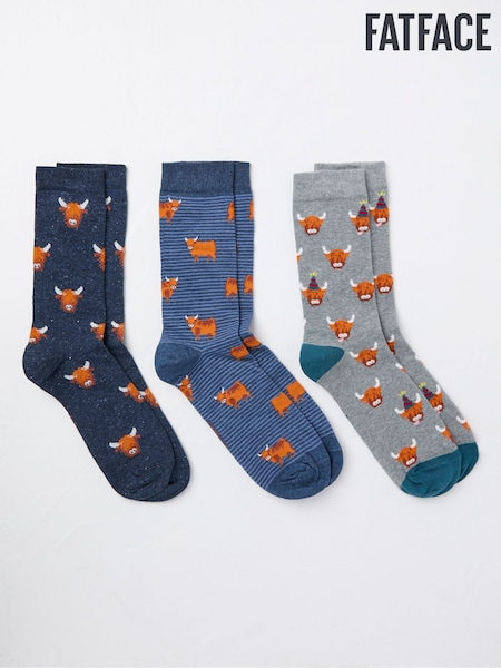 FatFace Blue 3 Pairs of Highland Cow Socks (AY3538) | €21