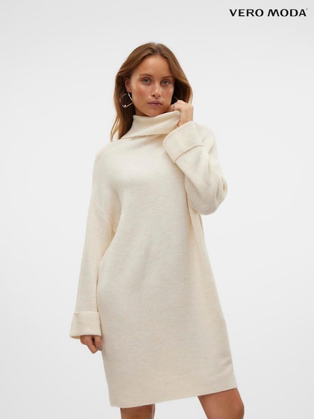VERO MODA Cream Long Sleeve Cowlneck Mini Knitted Jumper Dress (AY3578) | €34