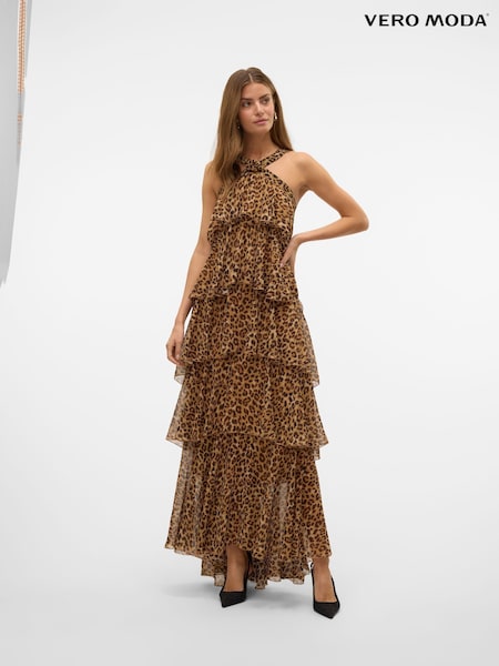 VERO MODA Black Leopard Halter Neck Tiered Ruffle Maxi Dress (AY3579) | €73