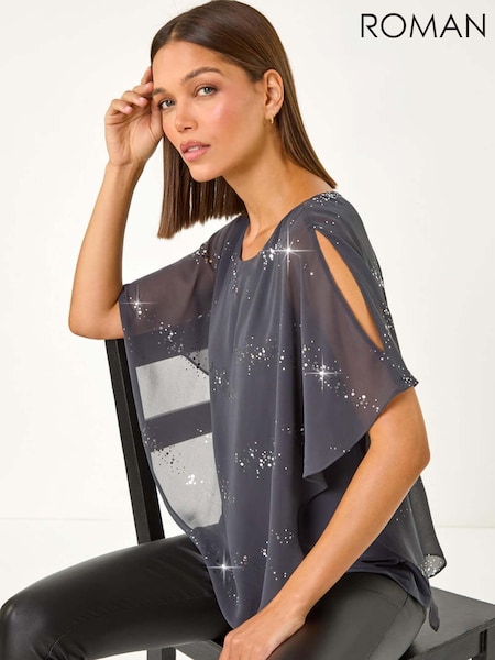 Roman Grey Leopard Print Sequin Asymmetric Overlay Top (AY3594) | €51