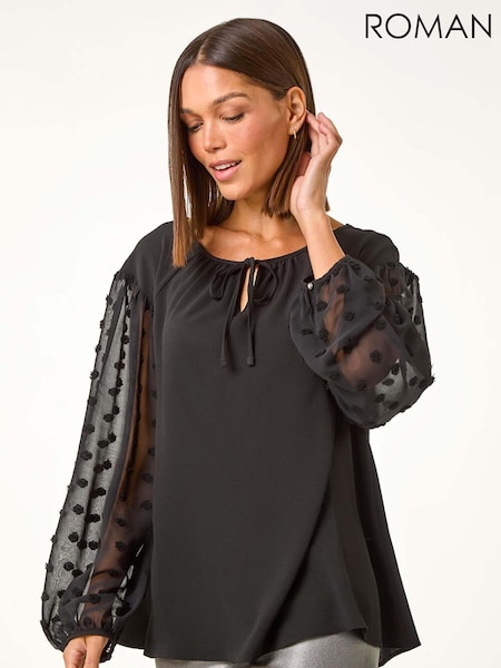 Roman Black Dobby Sleeve Tie Neck Top (AY3599) | AED291