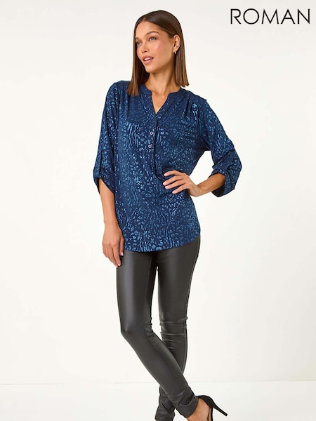 Roman Blue Glitter Animal Print Stretch Shirt (AY3604) | €53