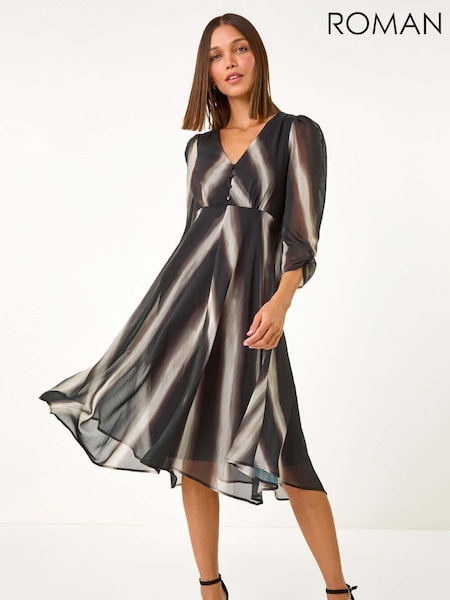 Roman Black Stripe Print V-Neck Hanky Hem Midi Dress (AY3607) | €79