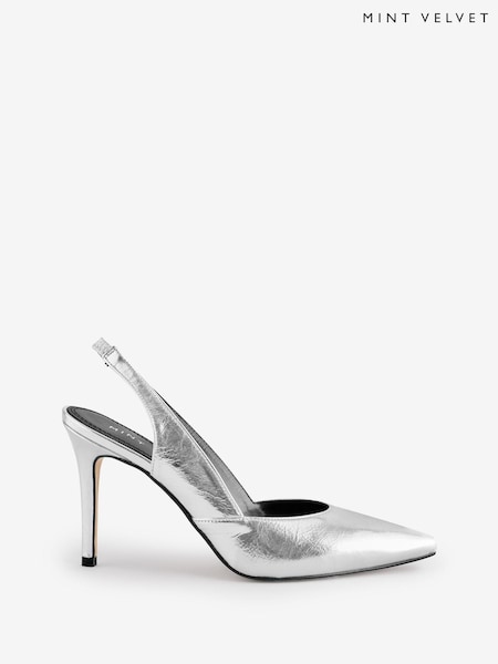 Mint Velvet Silver Leather Slingback Heels (AY3741) | 589 QAR