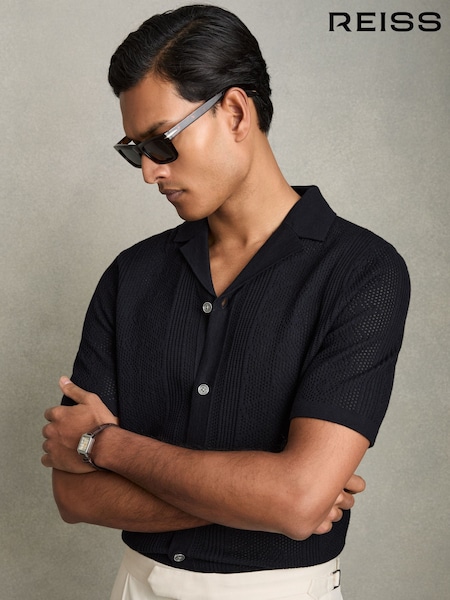أزرق داكن - Reiss Kipling Textured Knit Short Sleeve Shirt (AY3749) | ‏72 د.ك.‏