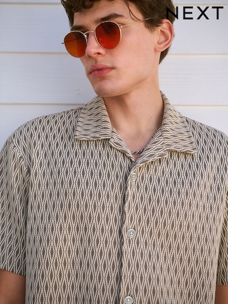 Neutral Geometric Cuban Collar Textured Jersey Short Sleeve Shirt (AY3755) | €36