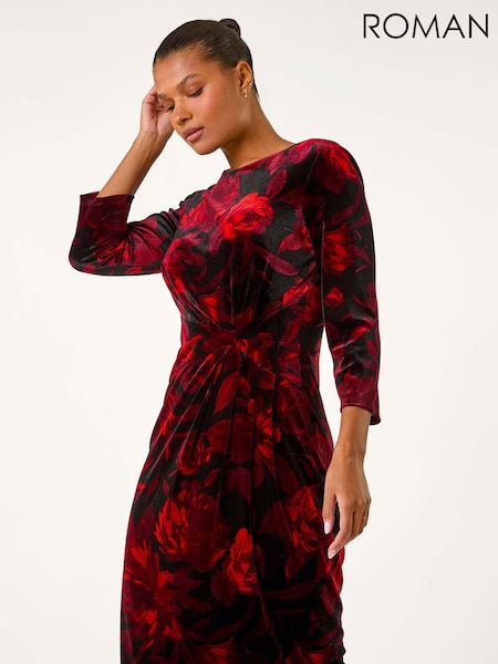 Roman Red Velvet Rose Print Side Twist Shift Dress (AY3860) | € 94