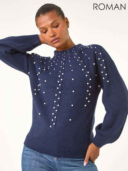 Blue - Roman Pearl Embellished Cable Knit Jumper (AY3861) | €56