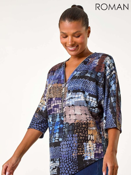 Синий - Roman Abstract Print Front Zip Stretch Top (AY3862) | €50