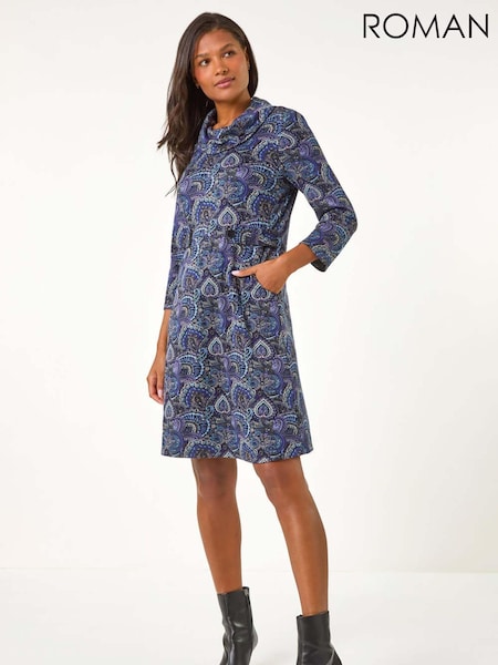 Roman Purple Abstract Cowl Tab Detail Dress (AY3868) | €64