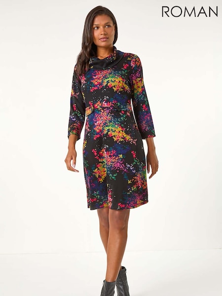 Roman Black Abstract Print Ponte Tab Detail Dress (AY3871) | 223 QAR