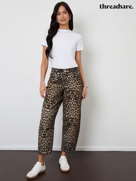 Threadbare Brown Leopard Print Barrel Leg Denim 100% Cotton Jeans With Raw Hem (AY4005) | €46