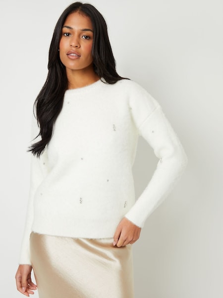 Alb - Pulover tricotat periat Threadbare Diamante (AY4006) | 208 LEI