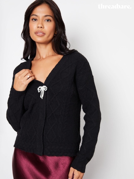 Threadbare Black Bow Detail Cable Knit Cardigan (AY4011) | €24