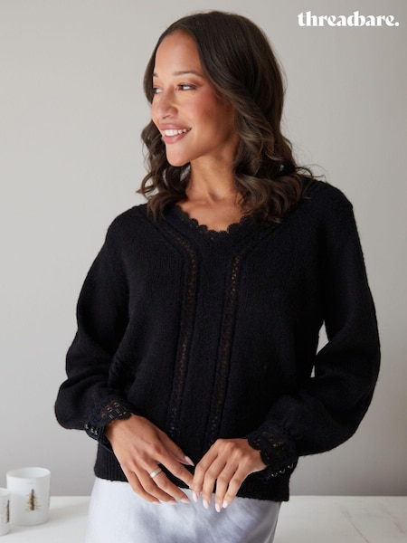 Threadbare Black Lace Trim V-Neck Knitted Jumper (AY4020) | €23
