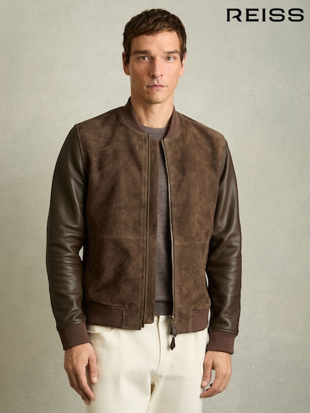 Reiss Chocolate Brown Block Leather-Sleeve Suede Bomber Jacket (AY4040) | €606