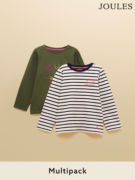 Joules Girls' Khaki Print & Navy Stripe Long Sleeve Top 2 Pack (AY4053) | €28 - €34