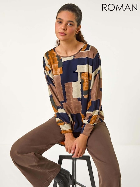 Ruskea/Sininen - Roman Abstract Print Constrast Hem Stretch Top (AY4069) | €55