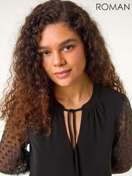 Roman Tie Neck Plisse Sleeve Top (AY4076) | 57 €