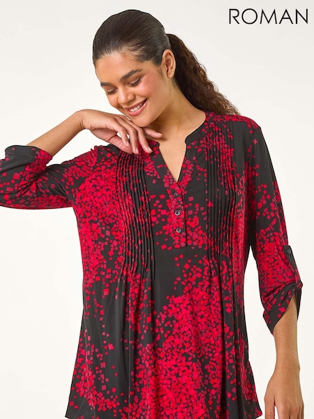 Roman Red Abstract Print Pintuck Shirt (AY4080) | €57