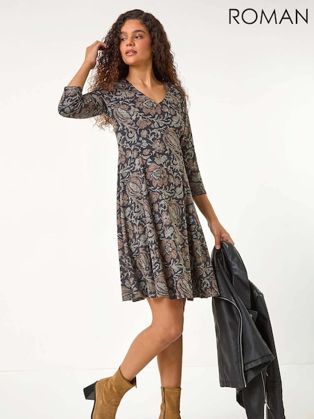 Roman Brown Floral Print Ruched Stretch Dress (AY4081) | €60