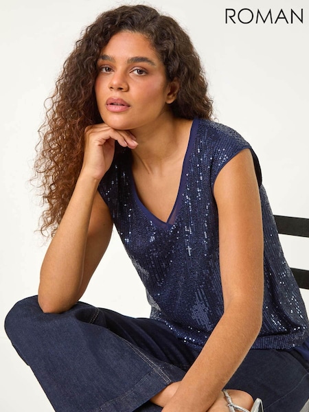 Roman Blue Sequin V-Neck Tunic Stretch Top (AY4085) | 223 QAR