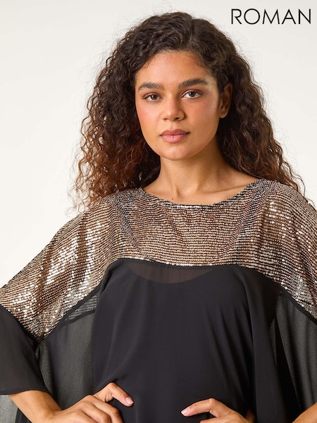 Roman Black Chrome Sequin Yoke Frilled Tunic Top (AY4088) | €60