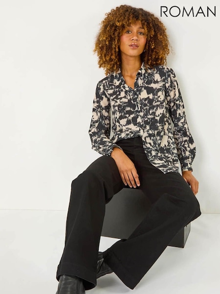 Roman Black Abstract Print Collar Button Detail Shirt (AY4114) | €50