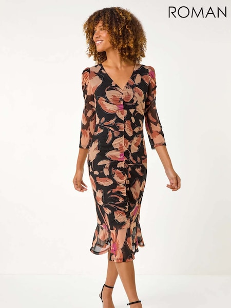 Roman Brown Ruched Floral Frill Dress (AY4121) | R$ 725